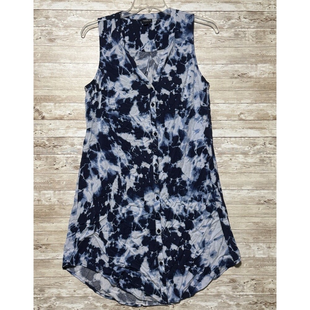 Torrid Navy Blue White Tie Dye Challis Button Front Sleeveless Dress Womens 1X